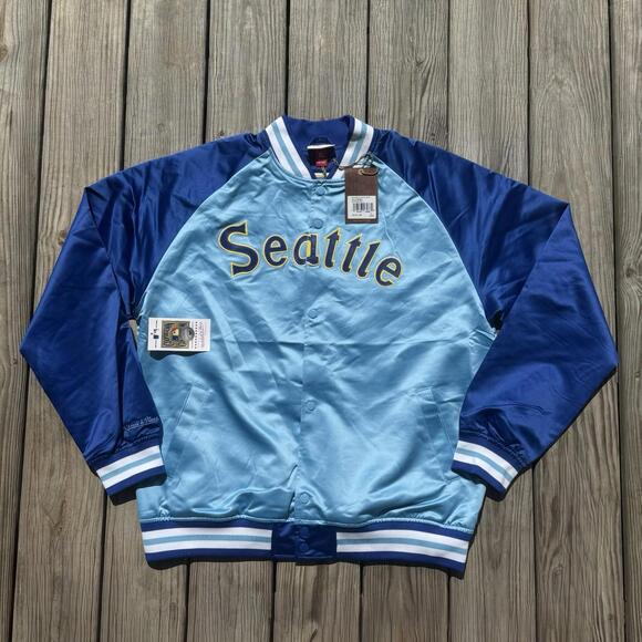 Men’s Mitchell & Ness MLB Seattle Mariners Lightweight Satin Jacket Blue XL - Picture 1 of 11